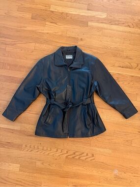 Vintage Fashion Elements Genuine Leather Belted Jacket